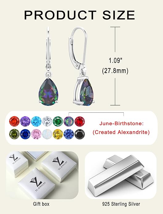 YL 925 Sterling Silver Teardrop Dangle Drop Earrings for Women 7x10 MM Solitaire Birthstone Leverback Jewelry
