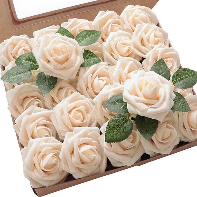 Artificial Flowers 50pcs Real Looking Cream Foam Fake Roses by Floroom