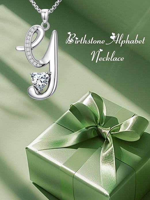 Valentines Day Gifts for Women Alphabet A to Z Initial Birthstone Pendant Necklaces for Women - 18k White Gold Plated Personalized Name Jewelry Valentine Mothers Day Birthday Gifts for Women Her Girlfriend