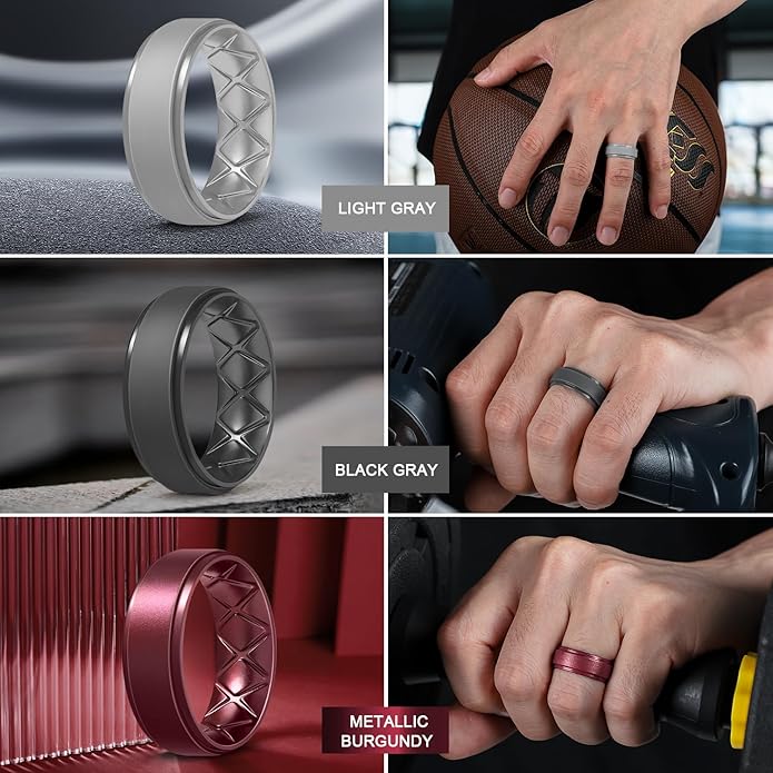 Egnaro Men's Rings 8.5mm Wide-2mm Thick Inner Arc Ergonomic Breathable Rubber Wedding bands-Hypoallergenic for Gym/Outdoor/Gift((1-7 Variety Pack with Half Size)