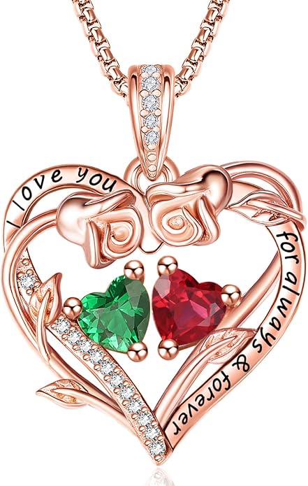 Rose Heart Necklaces for Women, Rose Gold Forever Love Jewelry with 2 Birthstones Pendant,Valentines Anniversarry Birthday Gifts for Her Wife Mom Grandma Daughter, 18+2 Inch Chain