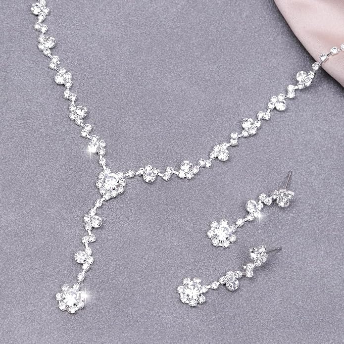 Silver Rhinestone Prom Jewelry Set for Women,Black Glitter Crystal Chain Choker Necklace Cz Drop Earring for Wedding Bridal,Formal Costume Accessories