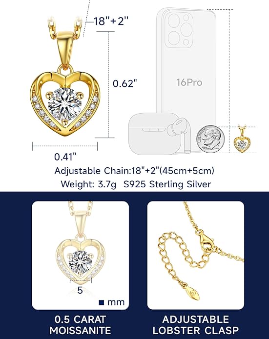 MomentWish Heart Necklace for Women Moissanite, Simulated Diamond, 925 Sterling Silver