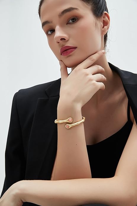 Gold Cuff Bracelet for Women Silver Beaded Bracelets Open Bangle Stackable Stretch Bead Bracelet Boho Jewelry Gifts for Wife Couple