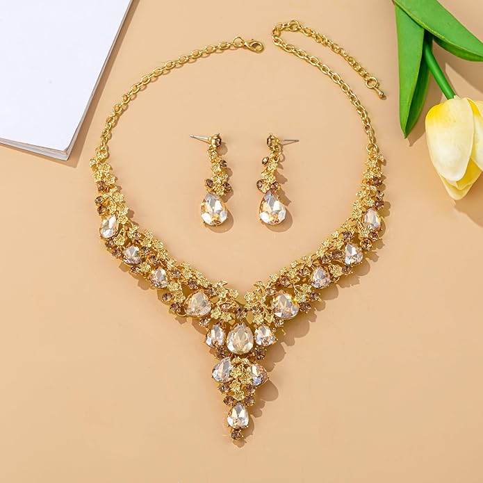 Wedding Bridal Bridesmaid Austrian Crystal Rhinestone Jewelry Sets Statement Choker Necklace Earrings Bracelets Sets for Wedding Party Prom