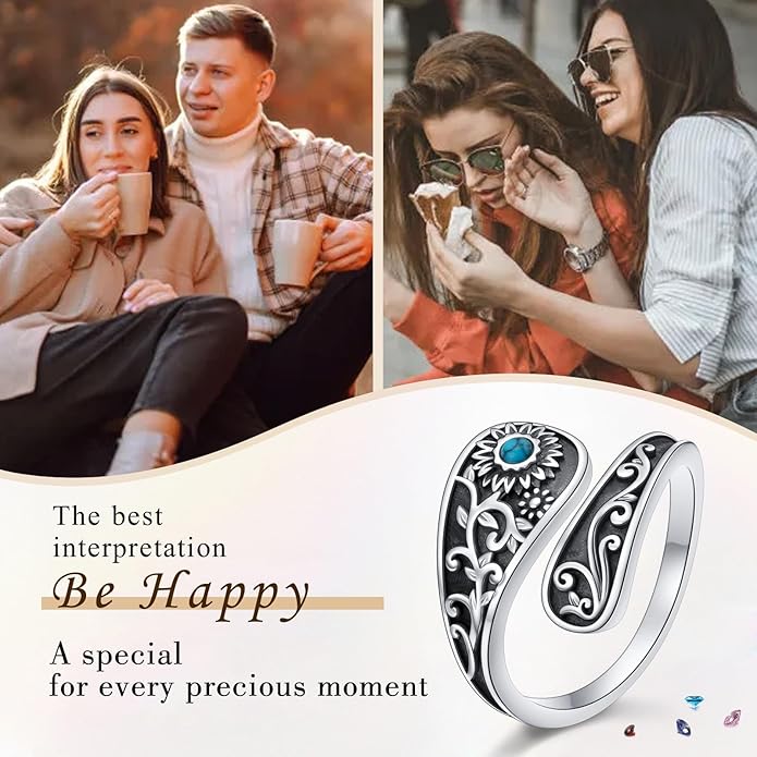 FLYOW Sterling Silver Sunflower Spoon Ring Victorian Style Boho Antique Flower Adjustable Open Ring Retro Statement Cubic Zirconial/Turquoise/Oxidized Thumb Rings for Women Birthday Christmas Jewelry
