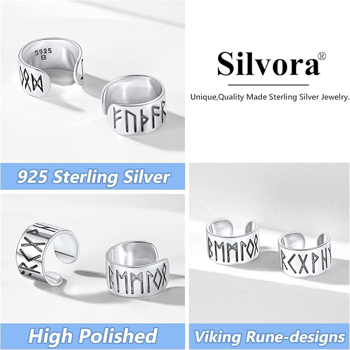 Silvora Ear Cuff 925 Sterling Silver Viking Runes Earrings for Men Women Viking Jewelry with Gift Box