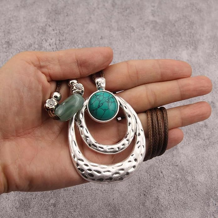 Boho Necklaces for Women Chunky Circle Necklace Layered Boho Circle Leather Choker Necklace Long Vintage Necklaces Bohemian Jewlery Gifts