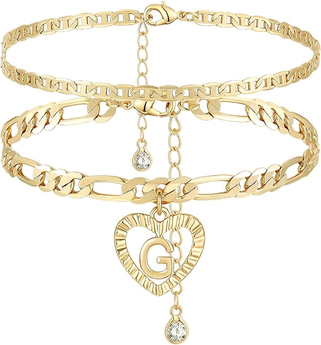 YANODA Initial Ankle Bracelets for Women 14K Gold Plated Layered Figaro Chain Letter Initial Anklets Handmade Layered Heart Ankle Bracelets Personalized Jewelry for Women