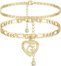 YANODA Initial Ankle Bracelets for Women 14K Gold Plated Layered Figaro Chain Letter Initial Anklets Handmade Layered Heart Ankle Bracelets Personalized Jewelry for Women