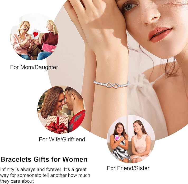 Moissanite Tennis Bracelets For Women, S925 Sterling Silver Infinity Bracelet, 3MM Width 18K Gold Plated White Gold Adjustable Bolo Bracelets- Birthday Christmas Gifts For Mom Wife Her