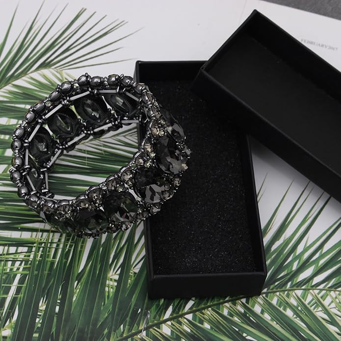 Women’s Elegant Wedding Bridal Crystal Double Row Marquise-Shape Leaf Stretch Bangle Bracelet Bride Jewelry for Women