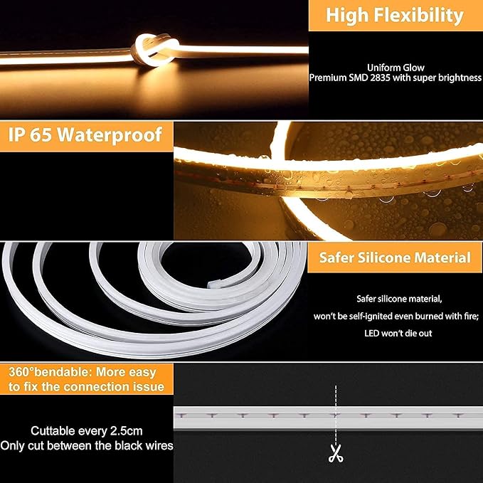 Lamomo LED Neon Lights, 12V Warm White Dimmable LED Strip Lights, 16.4ft/5m - Image 4