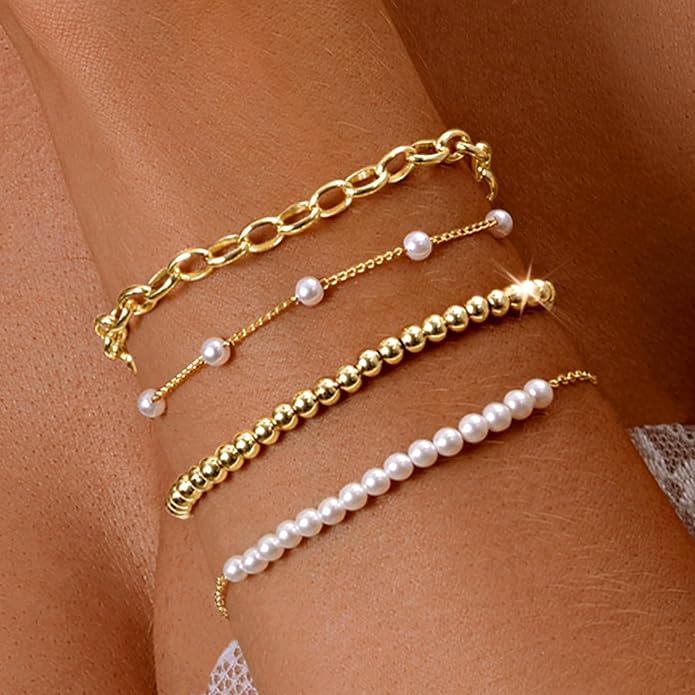 Zeffy Gold Pearl Beaded Bracelet for Women, 14K Gold Plated Jewelry Set With Paperclip Link Chain, Trendy Stack Bracelets