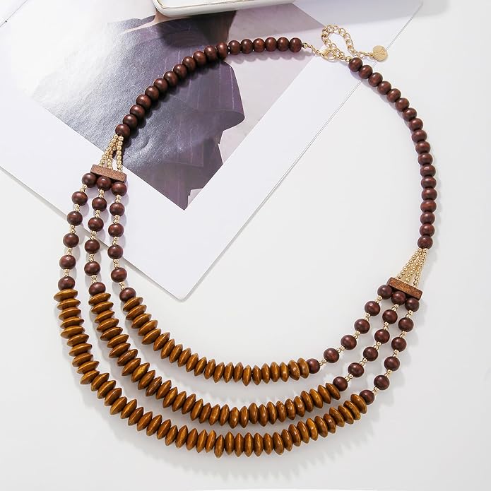 Coiris Layer Chunky Wood Beaded Necklace Exaggerated Statement Bead Collar Necklace Bib Necklaces