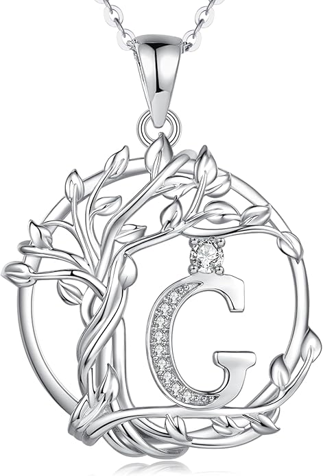 FANCIME Tree of life Initial necklaces for women, Sterling Silver Tree Jewelry Simulated Diamond Letter Pendant Cubic Zirconia CZ Personalized Birthday Mothers Day Gifts for Mom Wife Her