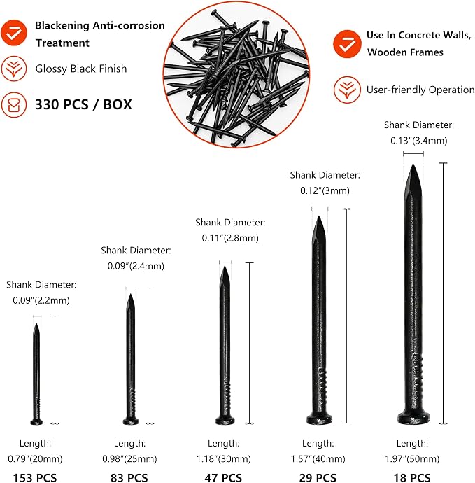 330 Pcs Black Concrete Nails Assortment Kit, 5 Sizes from 3/4 Inch to 2 Inch - Image 2
