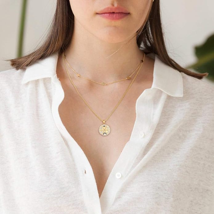 Aobei Pearl 18K Gold Plated Moon Star Lion Evil Eye Love Heart Cross Pendant Necklace Medallion Paperclip Chian Choker Layering Jewery for Women