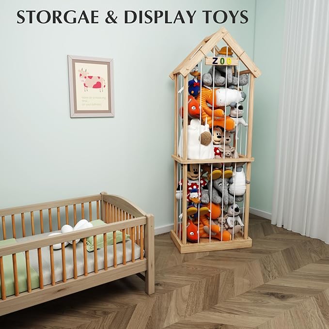 Stuffed Animal Storage Stuffed Animal Zoo Wood Soft Toy Organizer Plush Toy Holder Nursery Room Organizer Zoo Cage Stuffed Animal Holder with Zoo Pattern Gift for Nursery Playroom