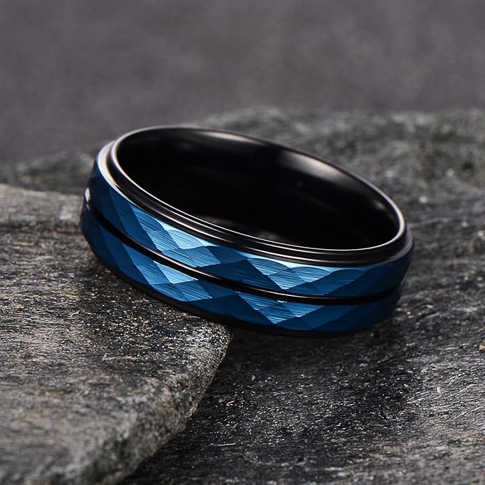 | Faceted Rail Band - 8mm Wide Black Tungsten Wedding Ring with Blue Texture