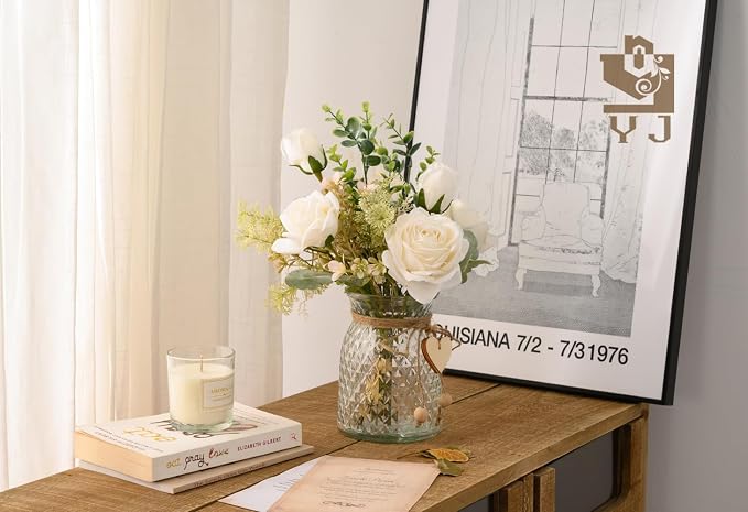 YJ Fake Flowers with Vase, Silk Roses Artificial Flowers in Vase, Faux Flower - Image 6