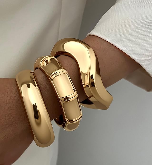 Chunky Gold Bangle Bracelets for Women, 14k Gold Plated Dainty Cuff Stackable Bangles Set, Trendy Bracelet Stack Fashion Jewelry Gifts