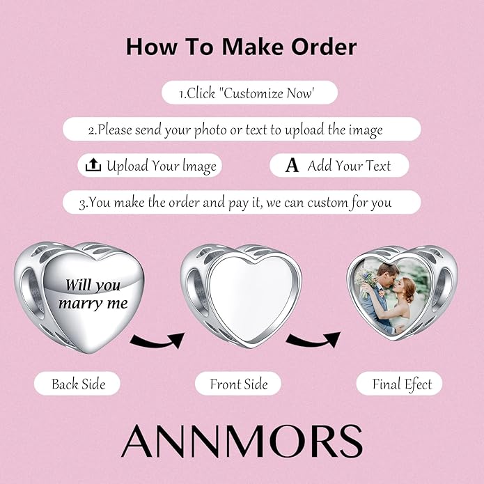 Annmors Personalized Photo Charms For Bracelets/Necklace 925 Sterling Silver Love Heart Shaped Engraved Customize Picture Gift for Birthday Mother's Day,Bead Charms Jewelry for Women