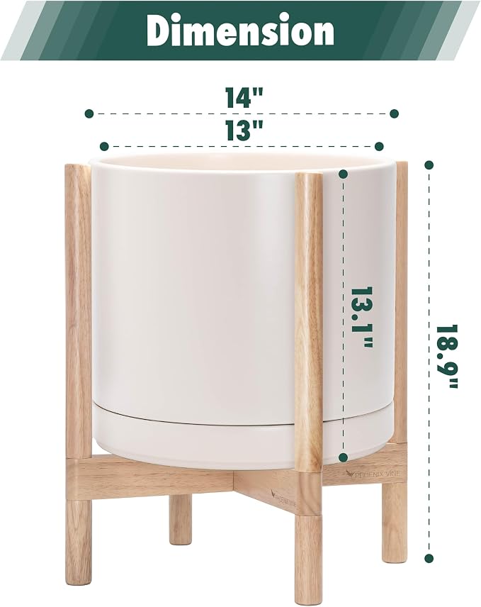 D'vine Dev Ceramic Pot with Natural Wood Stand, 14 in, 55-B-R-8 | Mid-Century - Image 3
