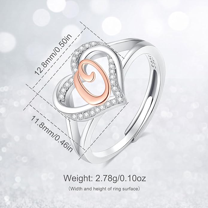 INFUSEU 925 Sterling Silver Initial Heart Ring for Women Girls, Adjustable Size