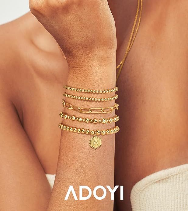 adoyi Valentines Day Gifts for Her Gold Bracelets for Women Waterproof, 14K Gold Plated Beaded Strand Bead Ball Bracelets stack Adjustable Jewelry Set for Gifts
