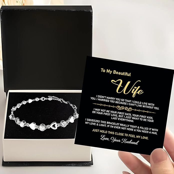 “To My Wife Heart Bracelet – Crystal Heart Link Jewelry Gift with Message Card”.