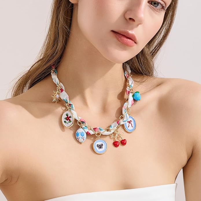 LILIE&WHITE Gold Charms Necklace for Women Bandana Necklace with Colorful Charms Necklaces Beach Jewelry Gift