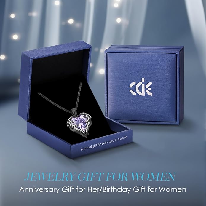 CDE Valentines Day Gifts for Women Angel Wings Necklace for Women with Birthstone, Love Heart Silver Tone/Gold Tone Pendant, Ideal Anniversary or Birthday Jewelry Gifts for Wife Girlfriend Her