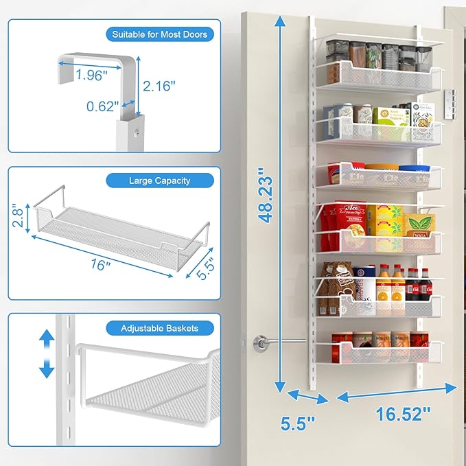 Over the Door Pantry Organizer, 6-Tier Over the Door Organizer with Adjustable Basket, Pantry Door Organization for Pantry Kitchen Storage Room Spice Rack, White