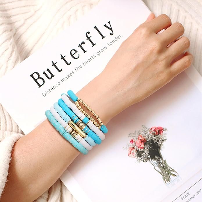 GOOJIDS Surfer Heishi Clay Bead Bracelets for Women Bohemian Stackable Gold Plated Beaded Stretch Bracelets Elastic Layering Friendship Bracelets Set Boho Jewelry