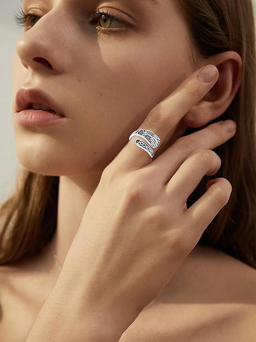 Midari Sun and Moon/Bee/Celtic/Life of Tree/Lotus Spoon Ring for Women 925 Sterling Silver Adjustable Ring Open Ring for Women Men Halloween Birthday Gift