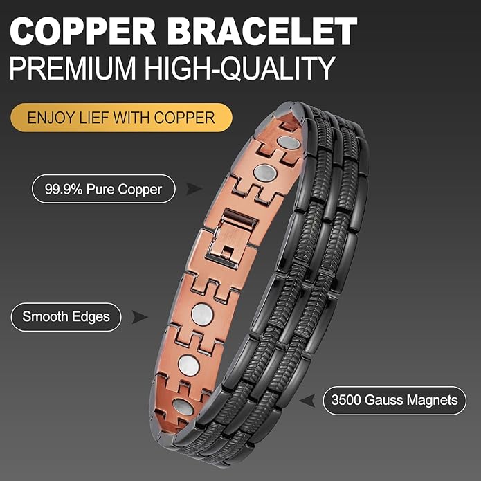 BioMag Copper Bracelet for Men 99.9% Pure Copper Magnetic Bracelet with Powerful Neodymium Magnets Adjustable Box Gift（Sizing Tool）
