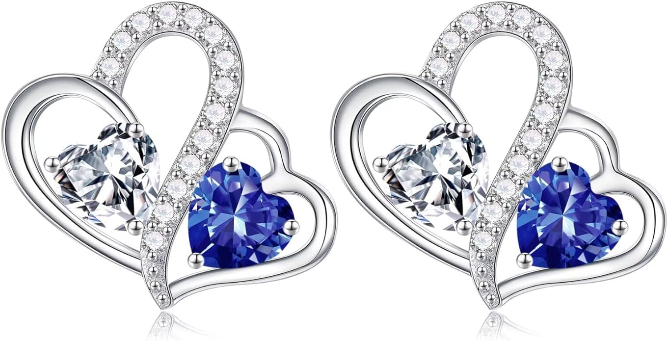Iefil Valentines Day Gifts for Her - Birthstone Earrings Gift for Women, 925 Sterling Silver Double Heart Birthstone Earrings | Anniversary Birthday Gifts for Women, Personalized Jewelry for Wife Mom