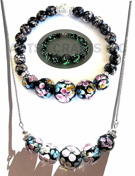 ARTSY Crafts Lily Garden Glow in the Dark Firefly Bead Bracelets Necklaces, Handmade in USA Murano Glass Jewelry, Flower Luminous Beads Mermaid Crystal Bracelet Bangle