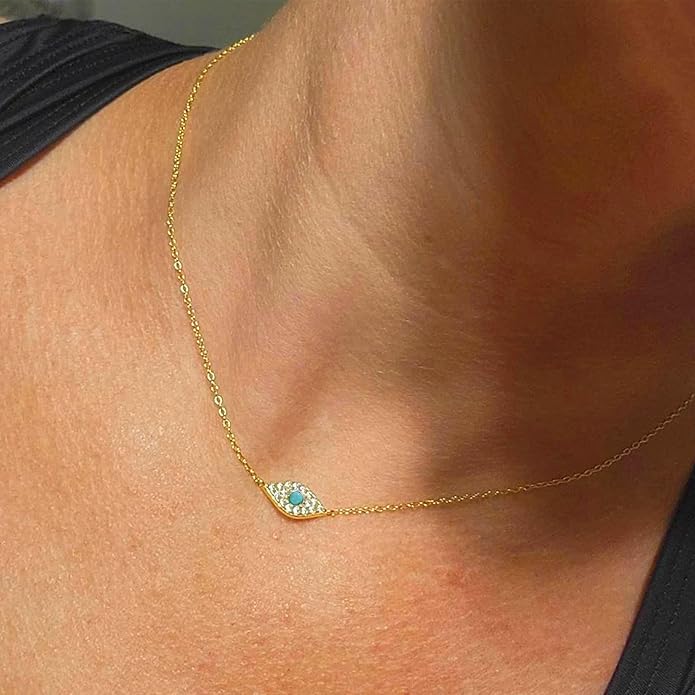 Evil Eye Necklace for Women 14K Gold Plated Delicate Necklaces Blue White CZ Diamond Pendant Necklace Cute Boho Tiny Evil Eye Lucky Protection Jewelry Gift for Women