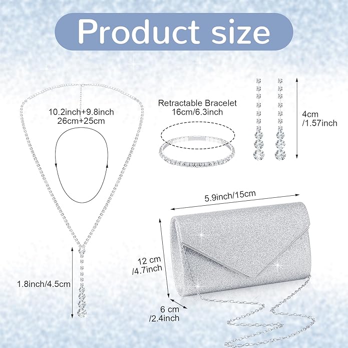 Hicarer 5 Pcs Dressy Jewelry Sets, Silver Shawls and Wraps, Clutch Purse for Homecoming Prom Evening Women Formal
