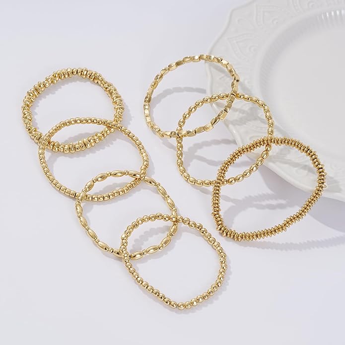 Gold Plated Beaded Bracelets for Women Trendy, 14K Gold Plated Stack Cross Pearl Gold Plated Bead Stretch Bracelets Set Elastic Hypoallergenic Bracelets Jewelry Gifts