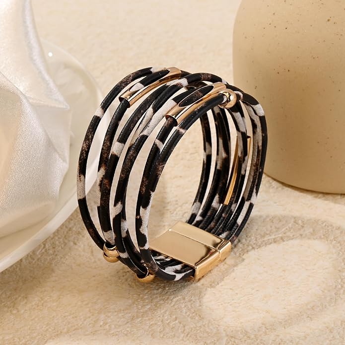 Wrapped Bracelets for Women,Leather Bracelet,Boho Bracelets for Women,Multi-Layer Pearl Crystal Bracelet Bangle Jewelry