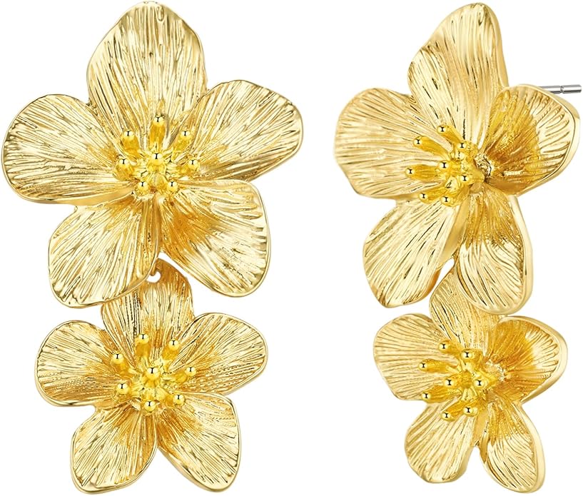 18K Gold Plated Large Chunky Flower Statement Earrings for Women by SNGIA, Summer Beach Floral Handmade Drop Jewelry, Maximalist Wedding Date Birthday Gift, Bold Exaggerated Textured Dangle Trendy Ribbed Jewelry, 18K Gold Plated Chandelier Fashion Acce...