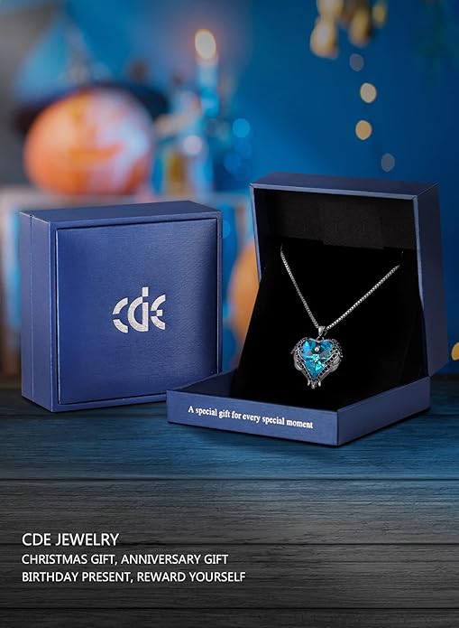 CDE Valentines Day Gifts for Women Angel Wings Necklace for Women with Birthstone, Love Heart Silver Tone/Gold Tone Pendant, Ideal Anniversary or Birthday Jewelry Gifts for Wife Girlfriend Her