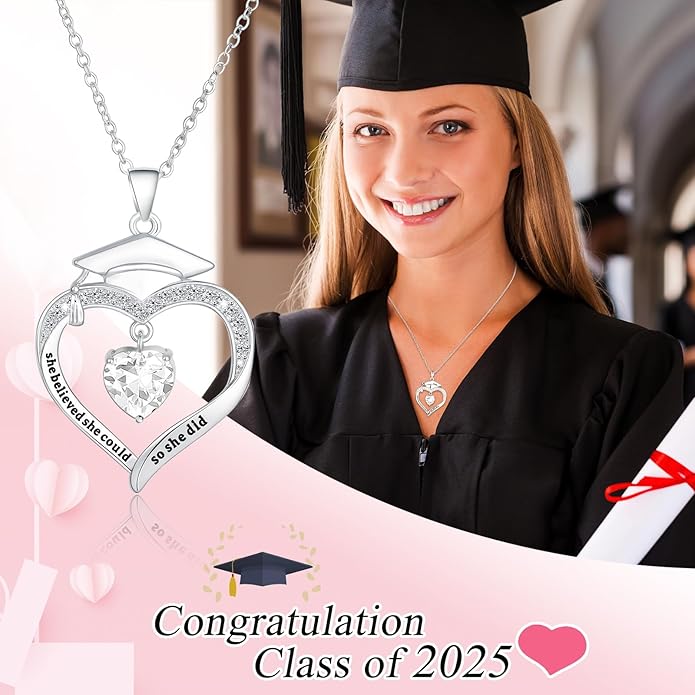 Graduation Gifts for Her Girls 2025 Birthstone CZ Heart Pendant Necklace Class of 2025 College Graduation Friendship Gifts for Her