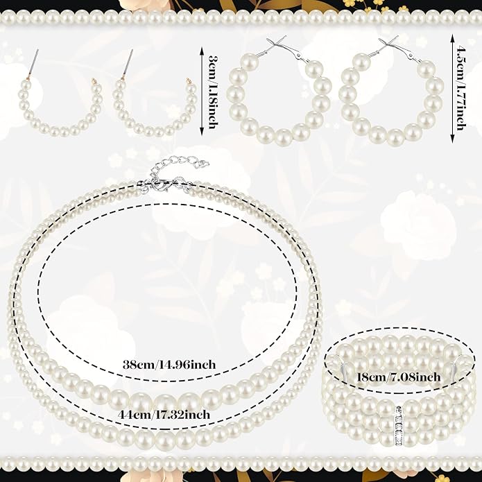 Glenmal Pearl Rhinestone Jewelry Set for Women Pearl Necklace Bracelet Earrings for Wedding Birthday Bridal Shower Tea Party