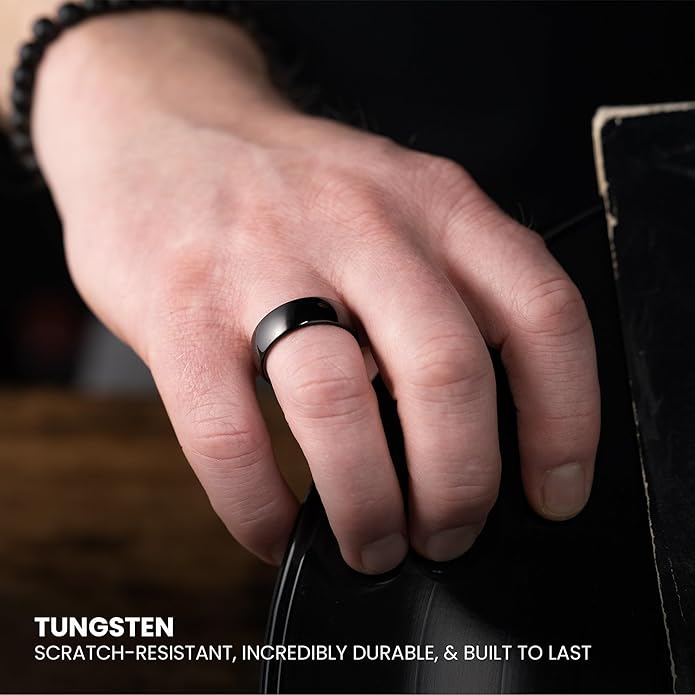 Manly Bands: Mens Black Plated Tungsten and Black Zirconium Wedding Bands and Rings - Comfort Fit and Stylish Black Rings for Men, Free Silicone Ring Included