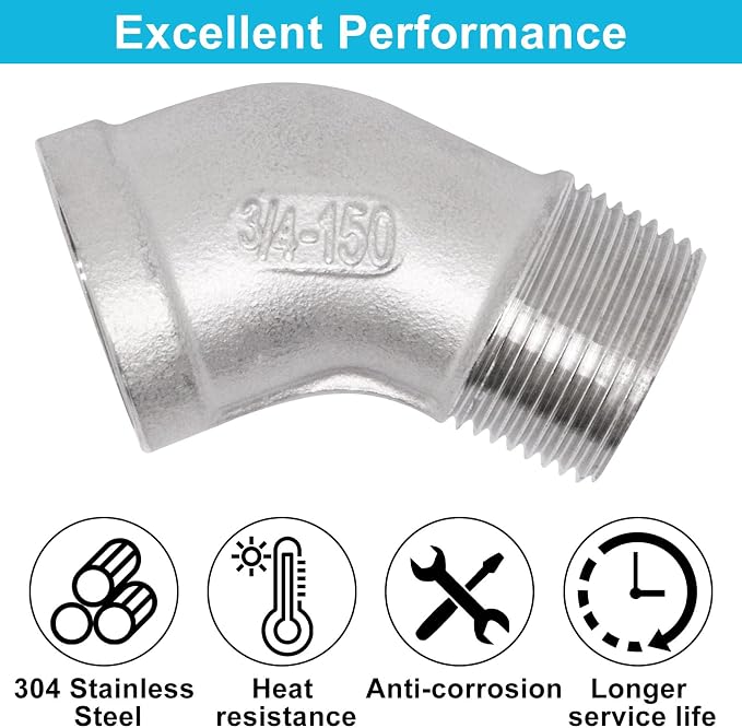 2PCS 45 Degree Elbow Fittings, 3/4" NPT Male Pipe to 3/4" NPT Female 304 - Image 4