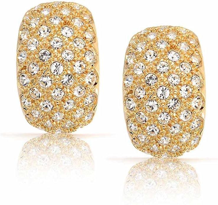 Fashion Bridal Wedding 3 Row Pave Crystal Dome Endless Hinged Huggie Hoop Clip On Earrings For Women Non Pierced Ears Yellow Gold Silver Plated